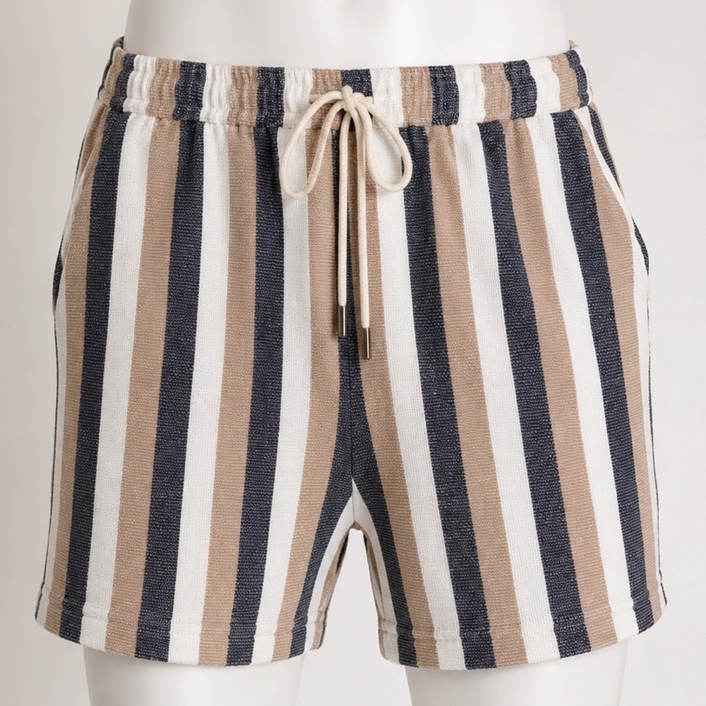 McCarren Studio Mens Striped Linen Blend Shorts Tan Black White Large New Beachy